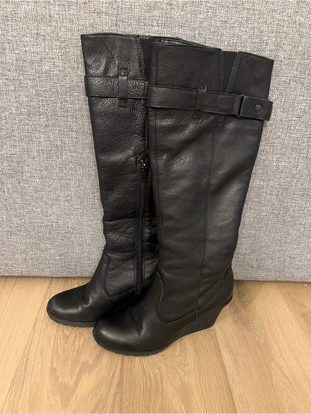 Aldo Black Leather Knee-High Wedge Boots with Strap Detail